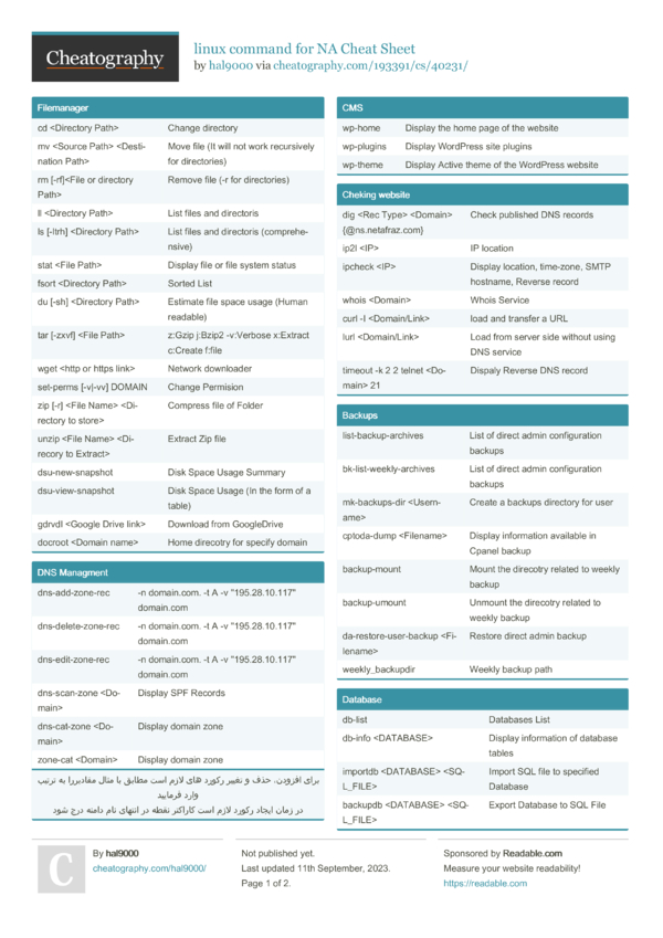 linux command for NA Cheat Sheet by hal9000 - Download free from ...