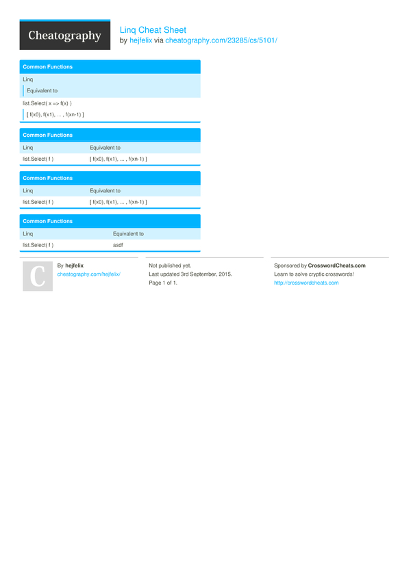 Linq Cheat Sheet by hejfelix - Download free from Cheatography ...