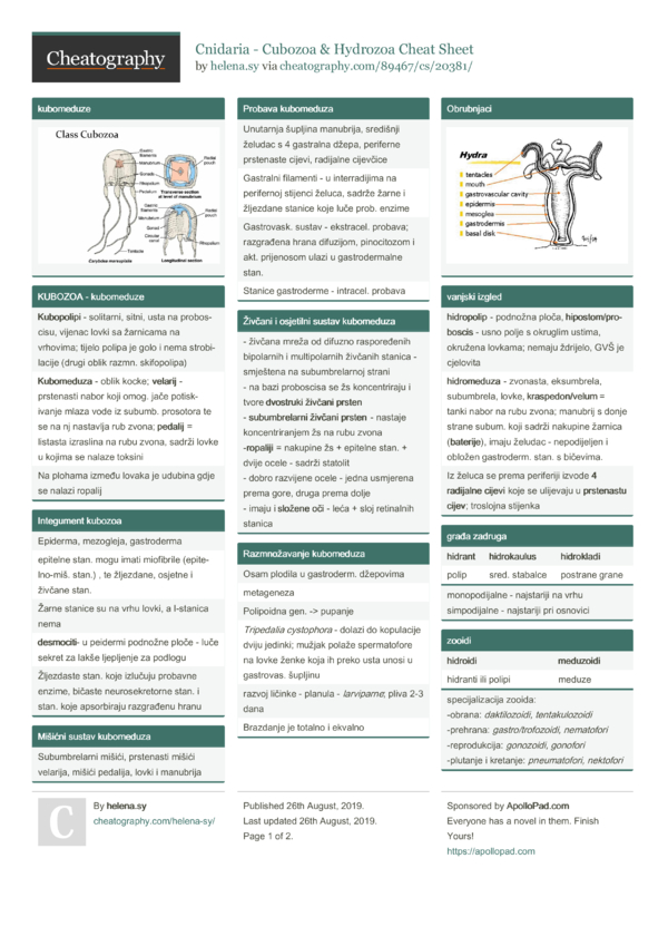 Cnidaria - Cubozoa & Hydrozoa Cheat Sheet by helena.sy - Download free ...