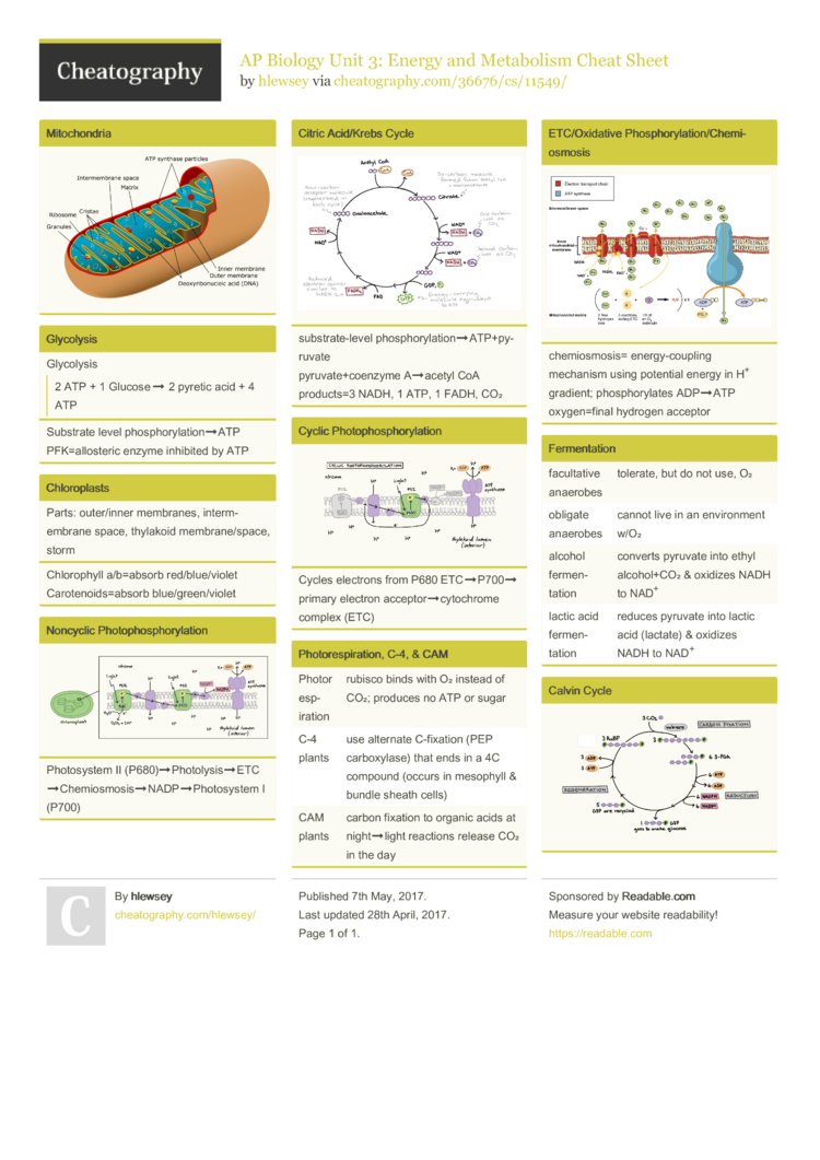 AP Biology Unit 3: Energy and Metabolism Cheat Sheet by hlewsey ...