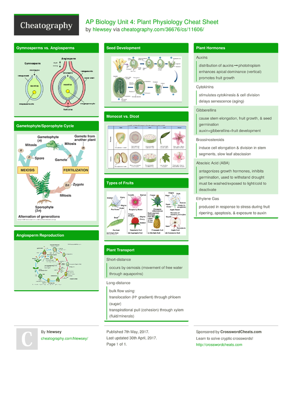 AP Biology Unit 4: Plant Physiology Cheat Sheet.