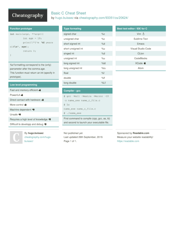 Basic C Cheat Sheet by hugo.buissez - Download free from Cheatography ...