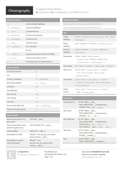 6 Postgres Cheat Sheets - Cheatography.com: Cheat Sheets For Every Occasion