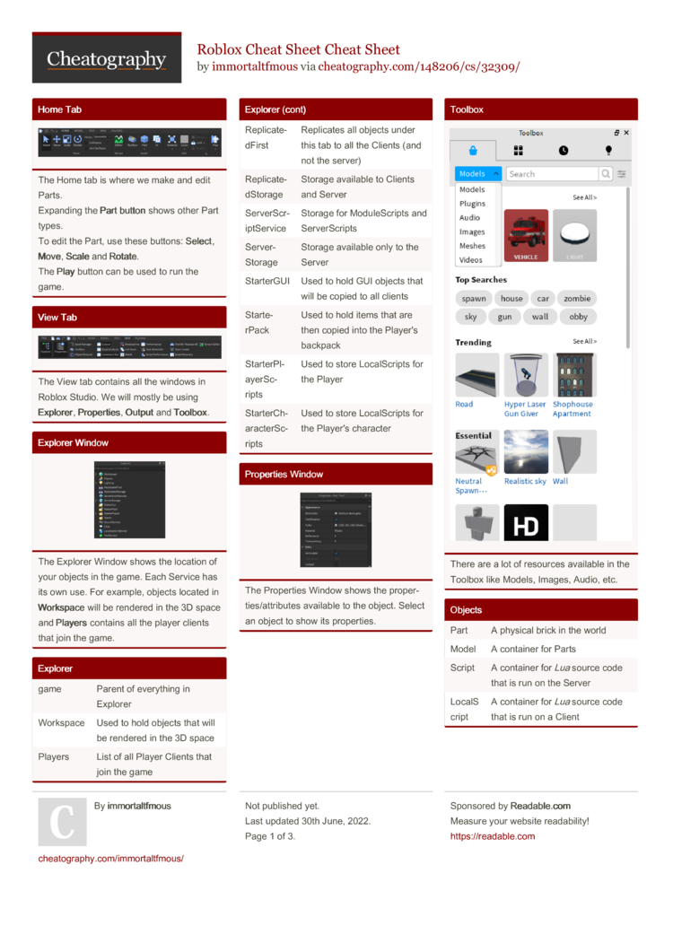 Roblox Cheat Sheet Cheat Sheet by immortaltfmous - Download free