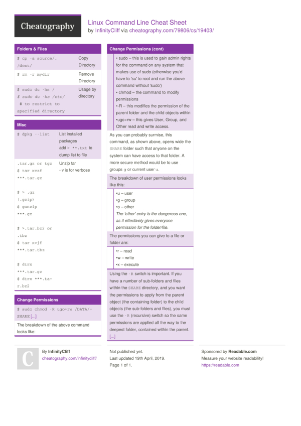 Linux Command Line Cheat Sheet By Infinitycliff Download Free From Cheatography Cheatography