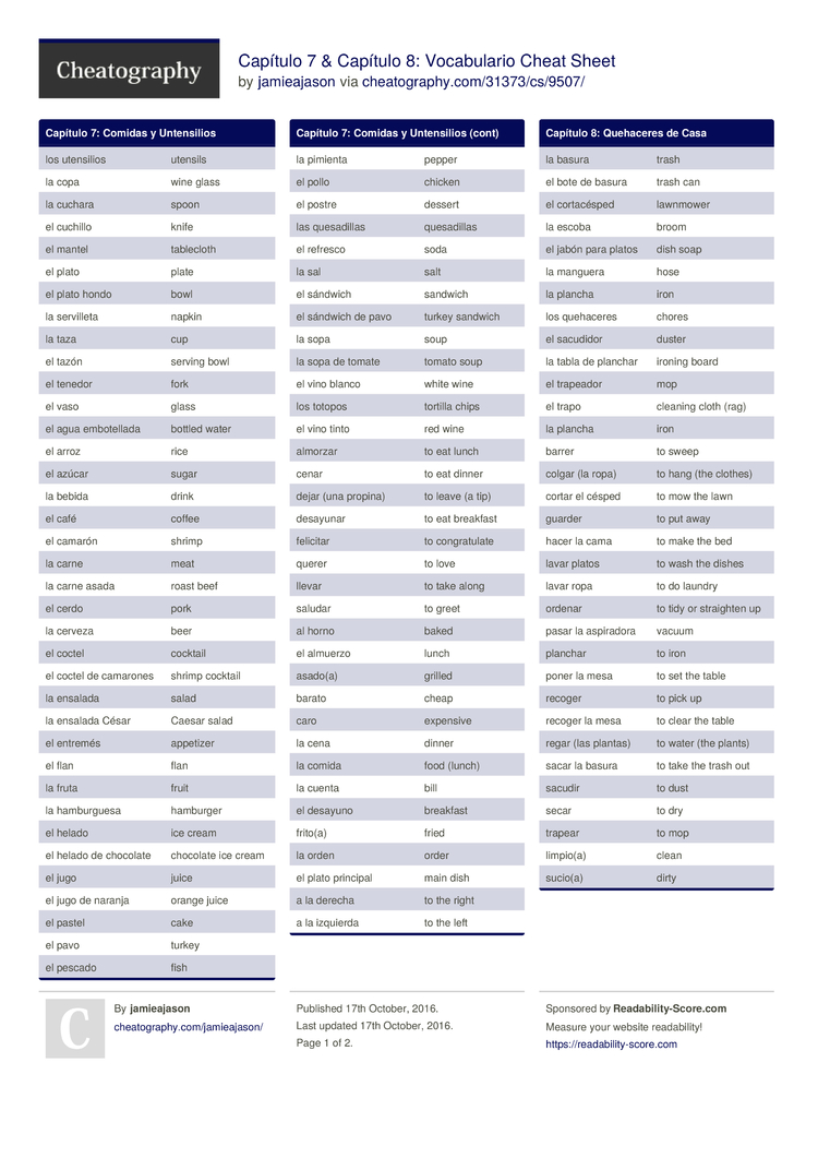 capítulo 7 capítulo 8 vocabulario cheat sheet by time sheets free download