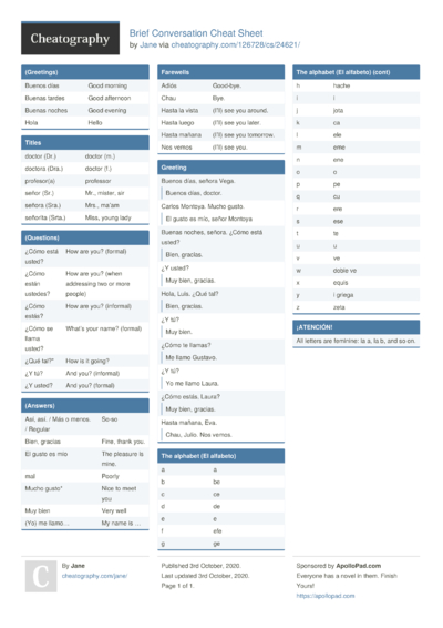 Spanish chp 6 Cheat Sheet by Jane - Download free from Cheatography ...
