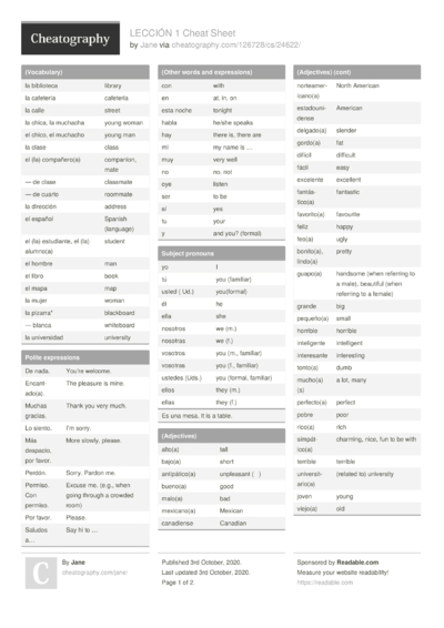 Spanish Lesson 3 Cheat Sheet by Jane - Download free from Cheatography ...