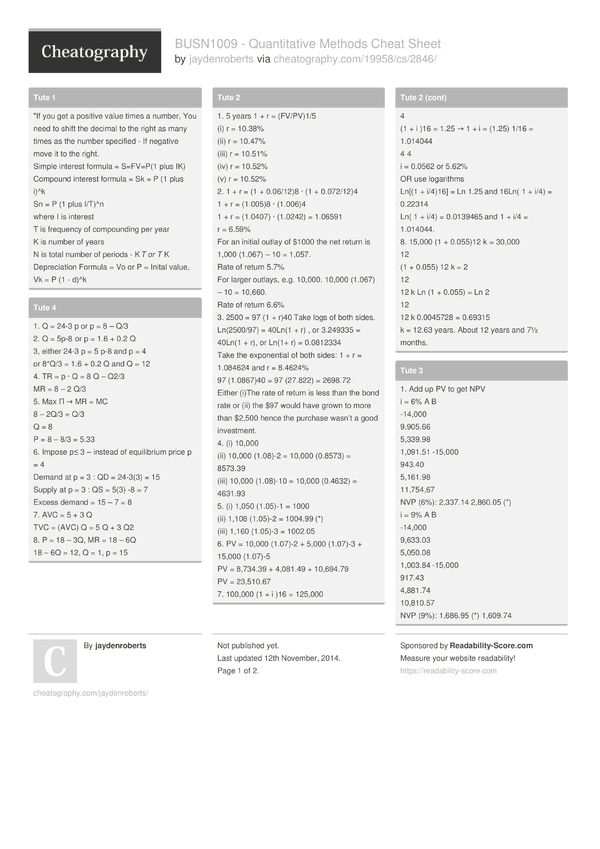 BUSN1009 - Quantitative Methods Cheat Sheet Cheat Sheet by ...