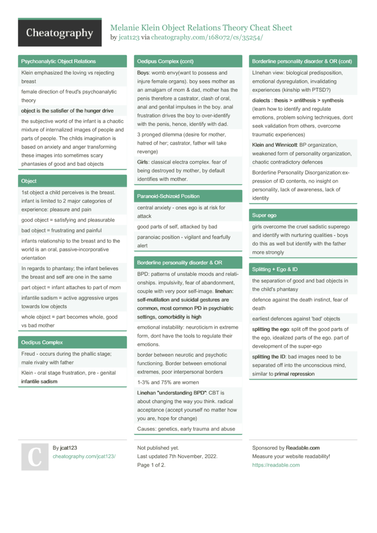 Melanie Klein Object Relations Theory Cheat Sheet by jcat123
