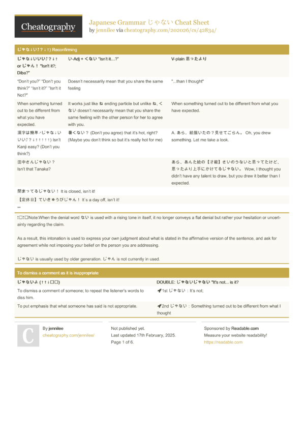 Japanese Grammar じゃない Cheat Sheet by jennilee - Download free from ...