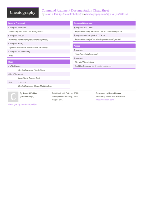 Command Argument Documentation Cheat Sheet by JesseKPhillips - Download ...