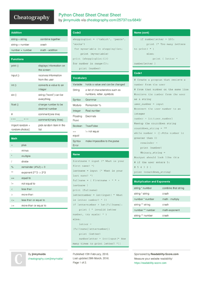 689 Python Cheat Sheets - Cheatography.com: Cheat Sheets For Every Occasion