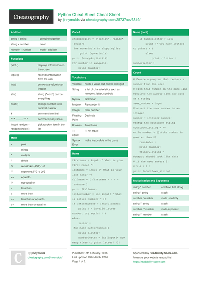 748 Python Cheat Sheets - Cheatography.com: Cheat Sheets For Every Occasion