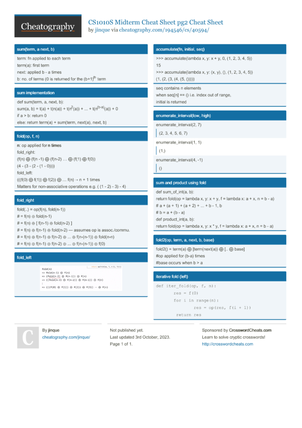 CS1010S Midterm Cheat Sheet pg2 Cheat Sheet by jinque - Download free ...