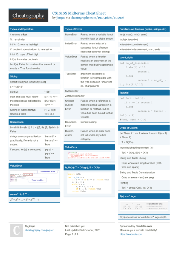 CS1010S Midterms Cheat Sheet by jinque - Download free from ...