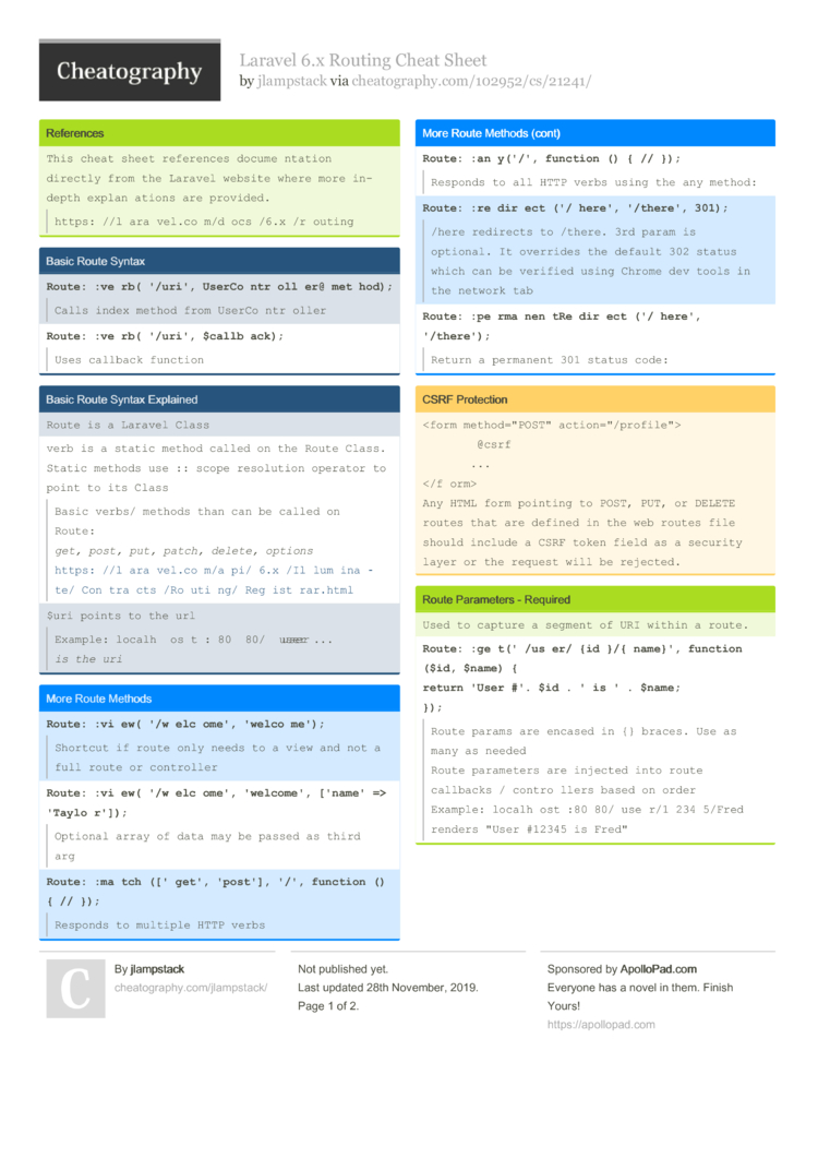 Laravel 6.x Routing Cheat by jlampstack - free from Cheatography Cheatography.com: Cheat Sheets For Every Occasion