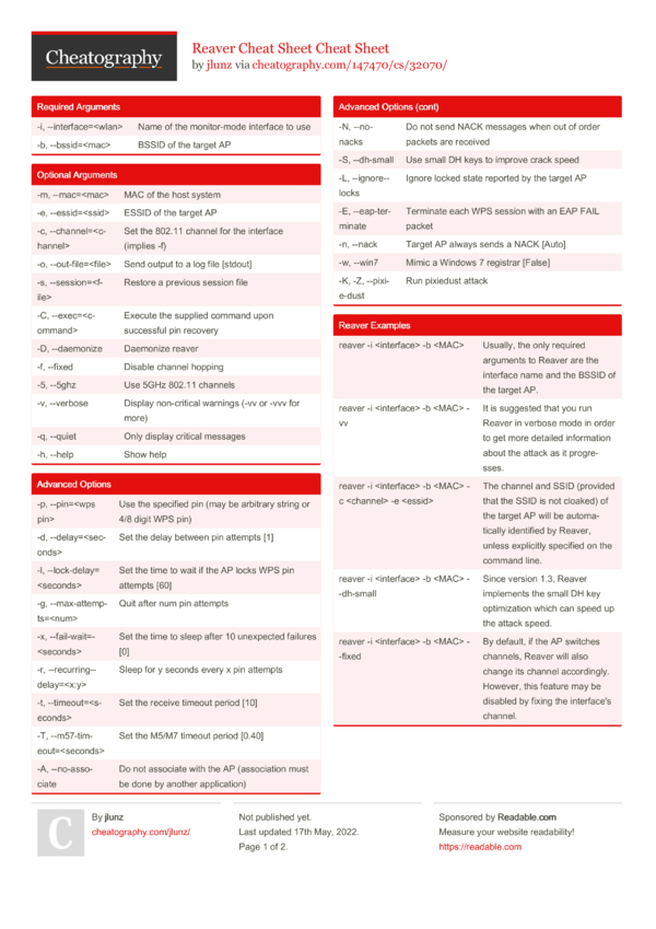 Reaver Cheat Sheet Cheat Sheet by jlunz - Download free from ...