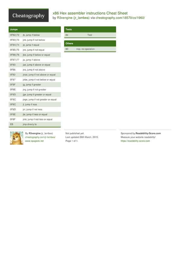 x86 Hex assembler instructions Cheat Sheet