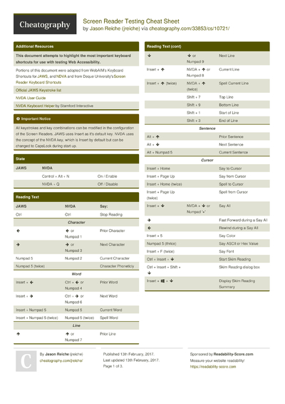 nvda screen reader cheat sheet nvda screen reader cheat sheet