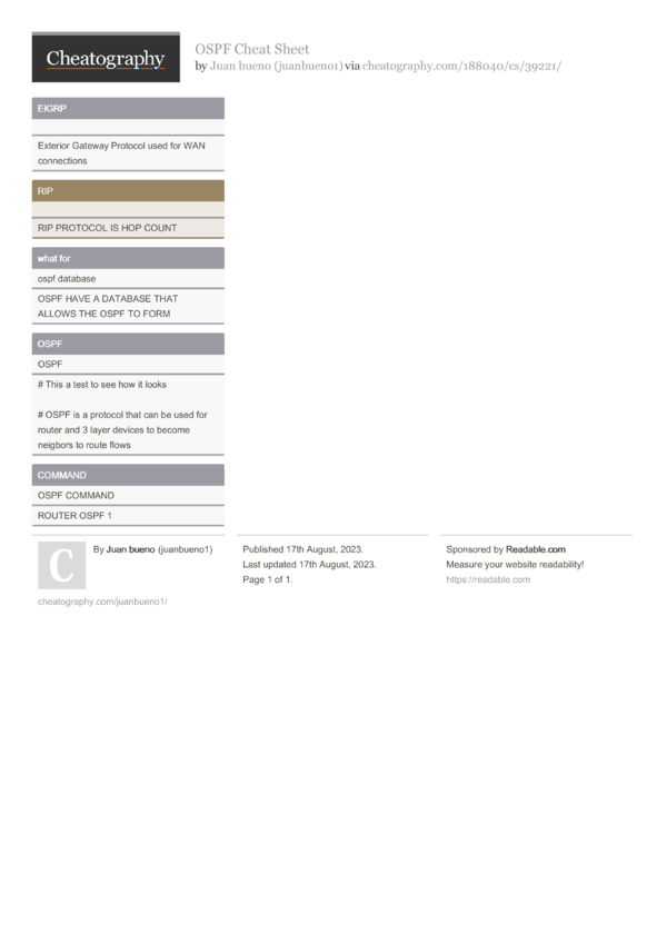 OSPF Cheat Sheet by juanbueno1 Download free from Cheatography
