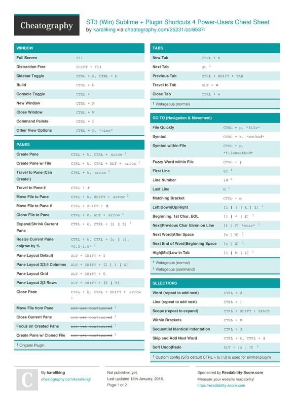 ST3 (Win) Sublime + Plugin Shortcuts 4 Power-Users Cheat Sheet by ...