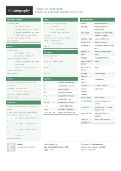 1 Fortran Cheat Sheet - Cheatography.com: Cheat Sheets For Every Occasion