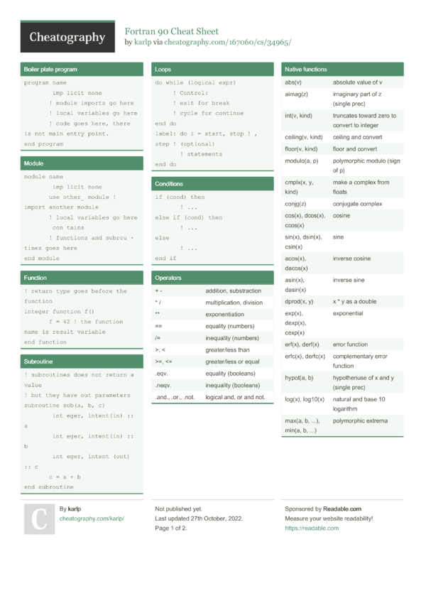 Fortran 90 Cheat Sheet by karlp - Download free from Cheatography ...