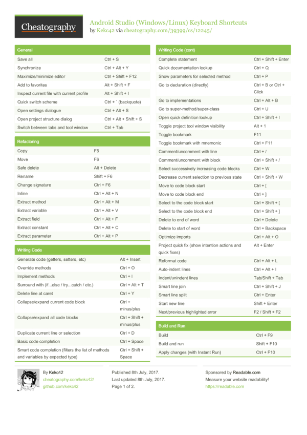 Android Studio (Windows/Linux) Keyboard Shortcuts by Kekc42 - Download free  from Cheatography : Cheat Sheets For Every Occasion