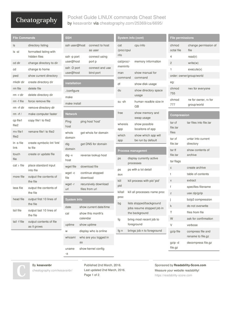 Pocket Guide LINUX commands Cheat Sheet by kesavanbr - Download free