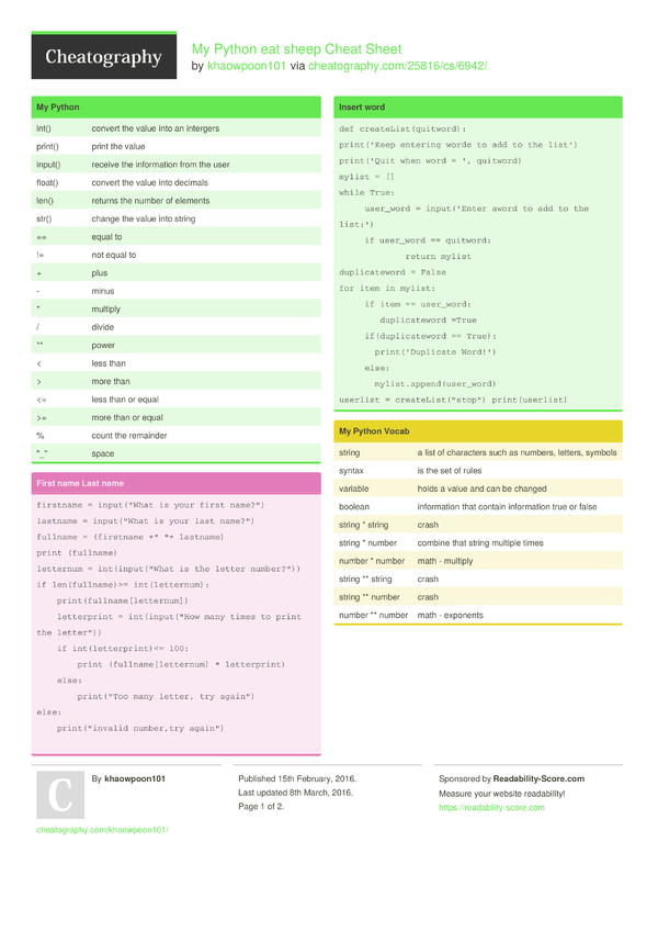 My Python eat sheep Cheat Sheet by khaowpoon101 - Download free from ...