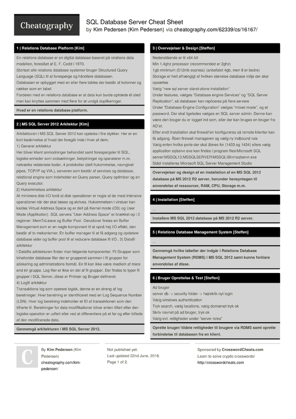 SQL Database Server Cheat Sheet by Kim Pedersen - Download free from ...