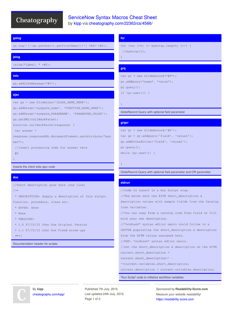 Servicenow Cheat Sheet Servicenow Cheat Sheet