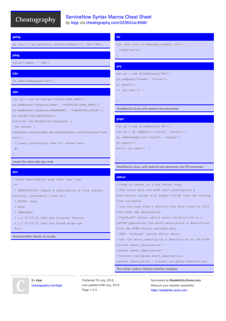 Servicenow Cheat Sheet