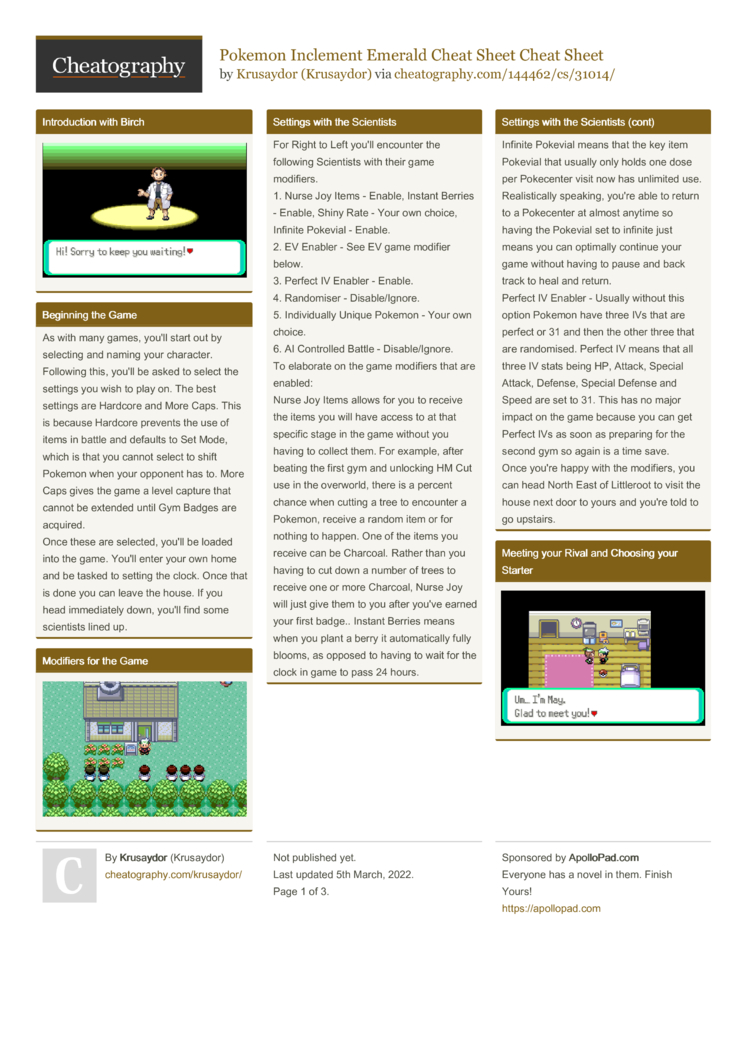 Pokemon Inclement Emerald Cheat Sheet Cheat Sheet by Krusaydor