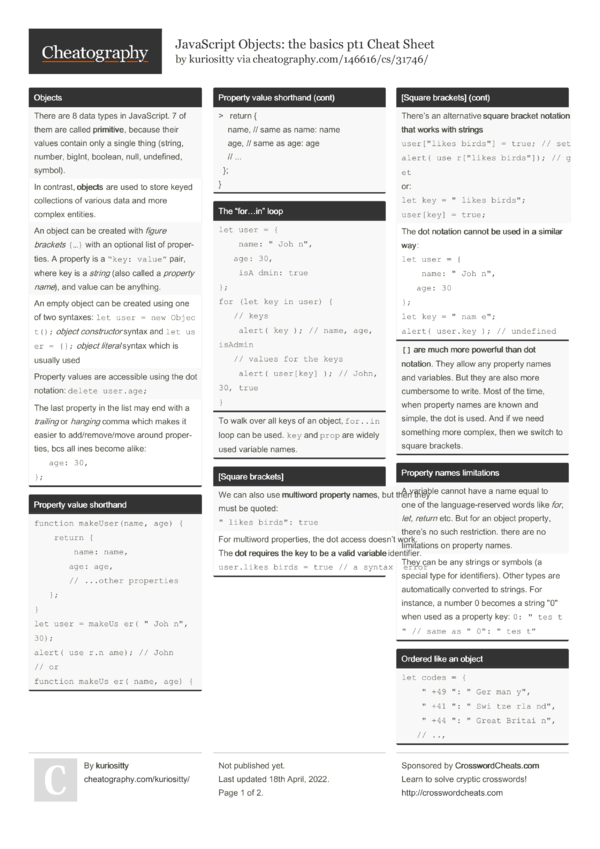 JavaScript Objects: the basics pt1 Cheat Sheet by kuriositty - Download ...