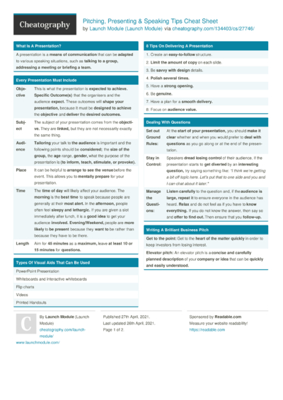 Pitching, Presenting & Public Speaking Tips Cheat Sheet by [deleted ...