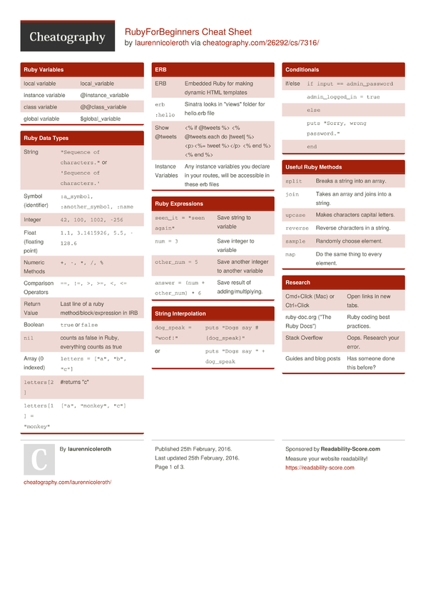 RubyForBeginners Cheat Sheet by laurennicoleroth - Download free from ...