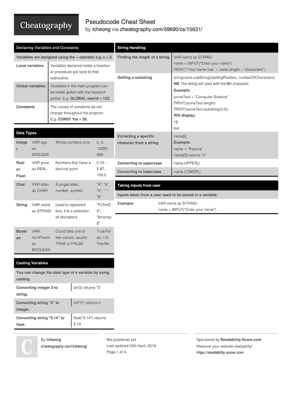 Pseudocode Cheat Sheet by lcheong - Download free from Cheatography ...
