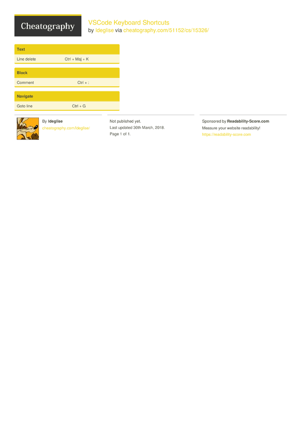 Vscode keyboard shortcuts by ldeglise download free from cheatography