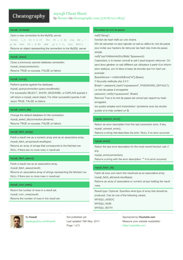 Mysqli Cheat Sheet By Lheau Download Free From Cheatography Cheatography Com Cheat Sheets