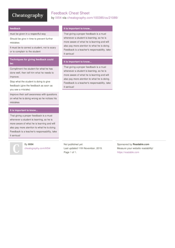 Feedback Cheat Sheet By Lili54 Download Free From Cheatography