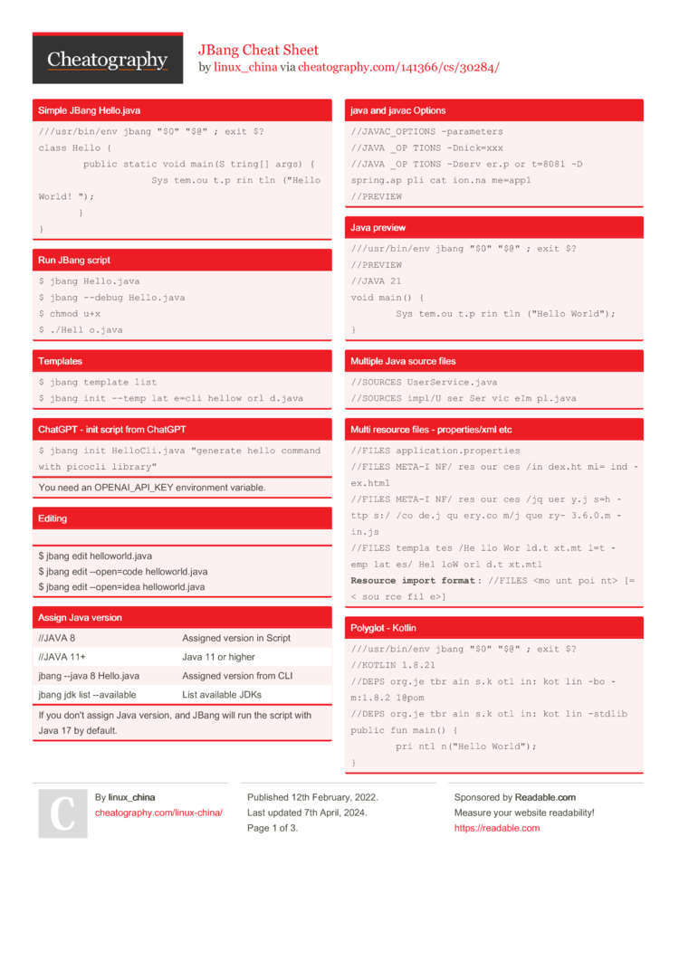 JBang Cheat Sheet by linux_china - Download free from Cheatography ...