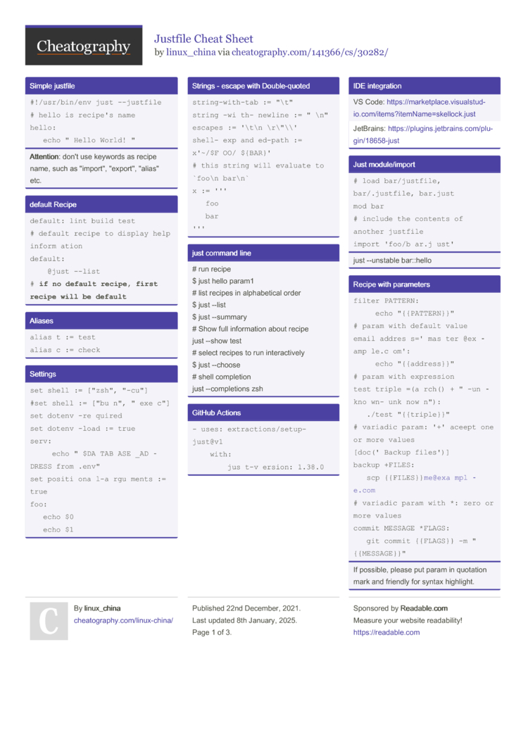 Justfile Cheat Sheet by linux_china - Download free from Cheatography ...