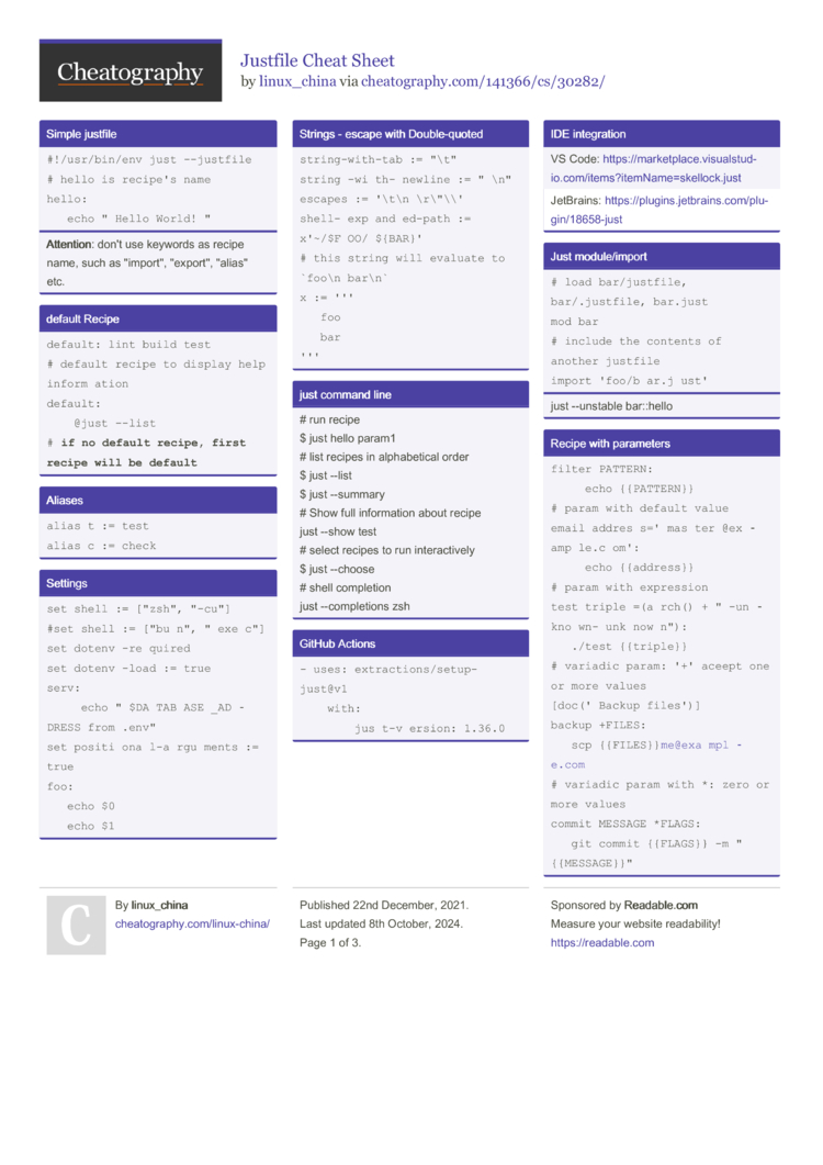 Justfile Cheat Sheet by linux_china - Download free from Cheatography ...