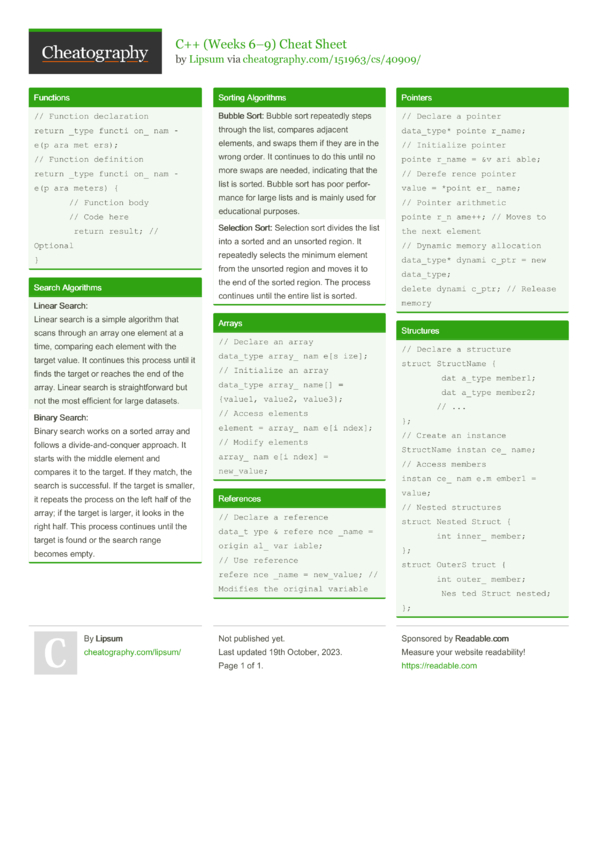 C++ (Weeks 6–9) Cheat Sheet by Lipsum - Download free from Cheatography ...