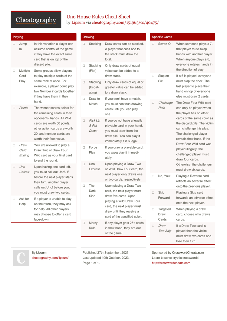 Uno House Rules Cheat Sheet by Lipsum - Download free from Cheatography -  : Cheat Sheets For Every Occasion