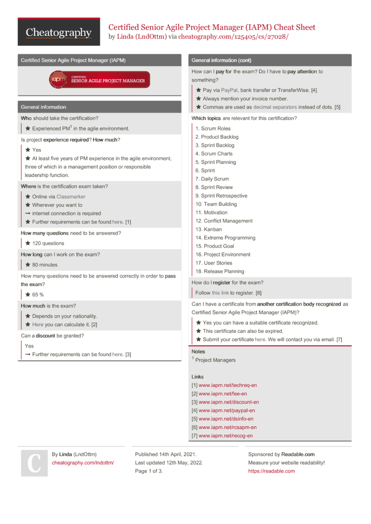 Certified Senior Agile Project Manager IAPM Cheat Sheet by