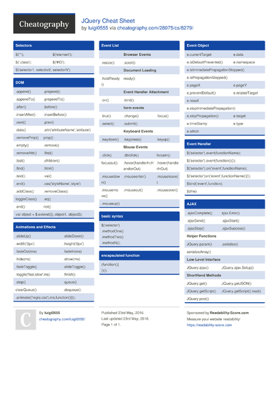 25 jQuery Cheat Sheets - Cheatography.com: Cheat Sheets For Every Occasion