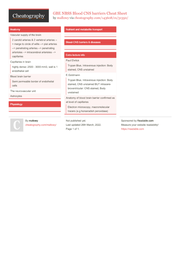 GBE NBSS Blood CNS barriers Cheat Sheet by mallowy - Download free from ...